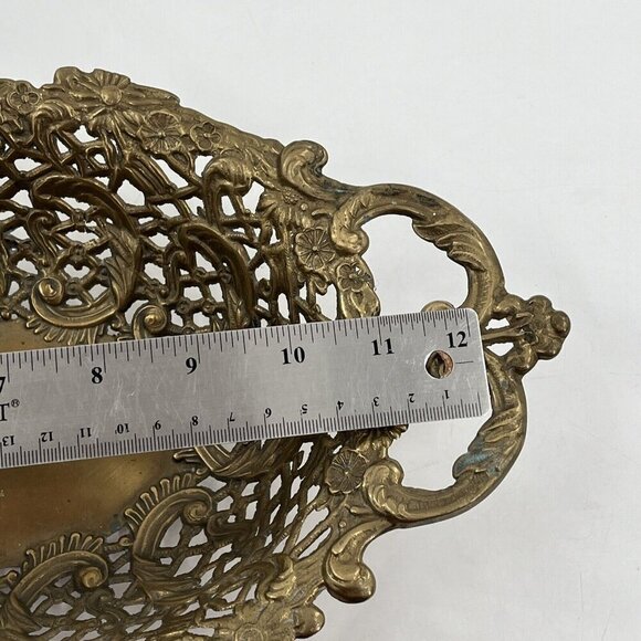 Vintage Ornate Brass Victorian Basket Tray Dish Floral Design 13.5'' - Picture 8 of 10